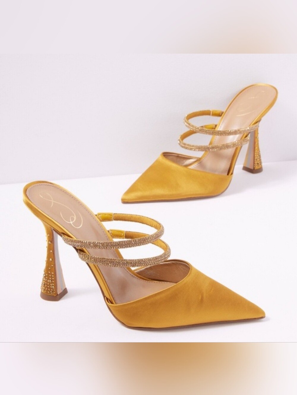 Sam Edelman Mustard Gold Satin Pointed-Toe Mules with Embellished Strap